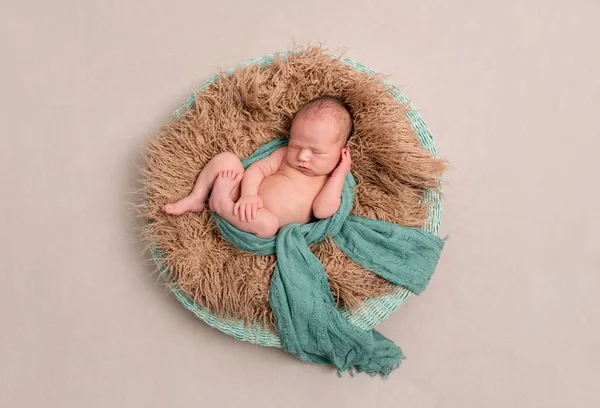 Newborn in a basket, scarf, topview — Stock Photo, Image