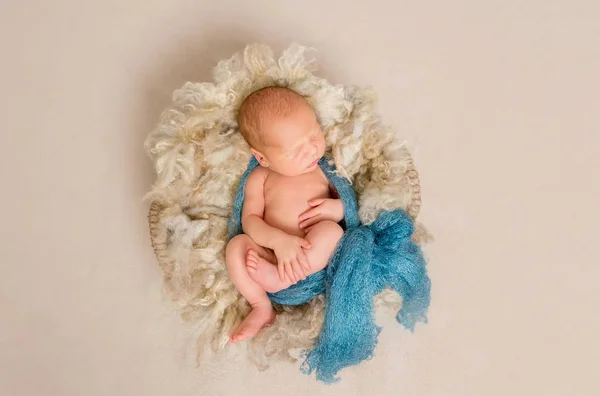 Newborn sleeping on a scarf in basket, topview — Stock Photo, Image