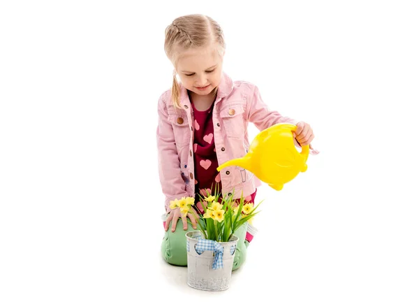 Criança regando flores, isolado no fundo branco — Fotografia de Stock