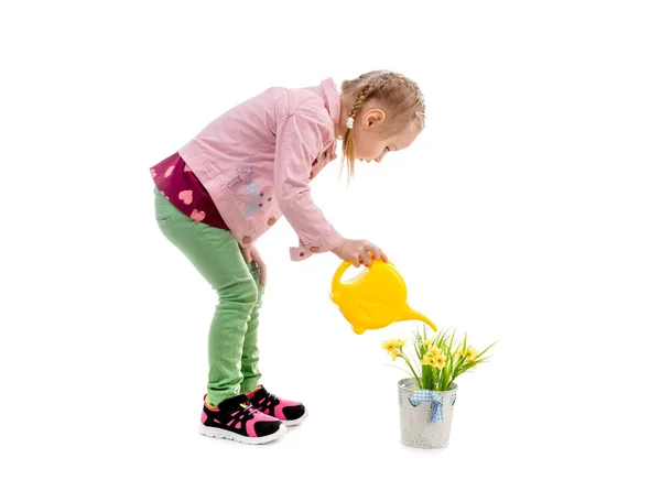 Menina regando flores, isolado no fundo branco — Fotografia de Stock