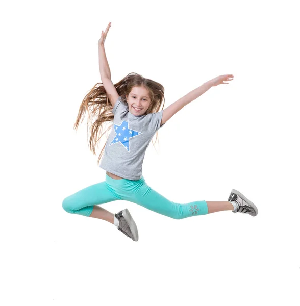 Long-haired active girl dancing, isolated — Stock Photo, Image