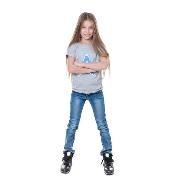 Langharige meisje in grijs shirt, geïsoleerd — Stockfoto