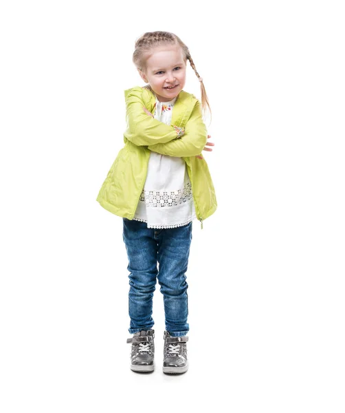 Menina abraçando-se, isolado no fundo branco — Fotografia de Stock