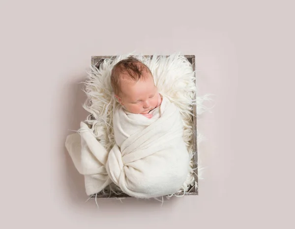 Baby, podřimuje v koši, zabalený, topview — Stock fotografie