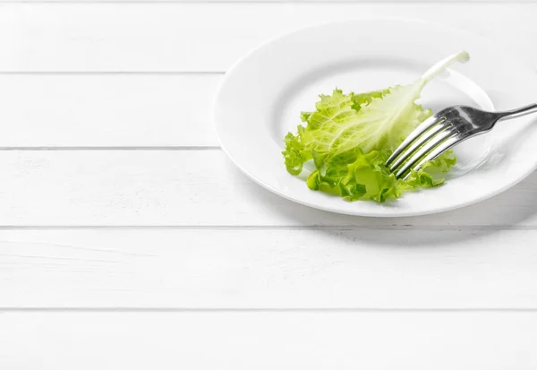 Weißer Teller mit einem Blatt Salat — Stockfoto