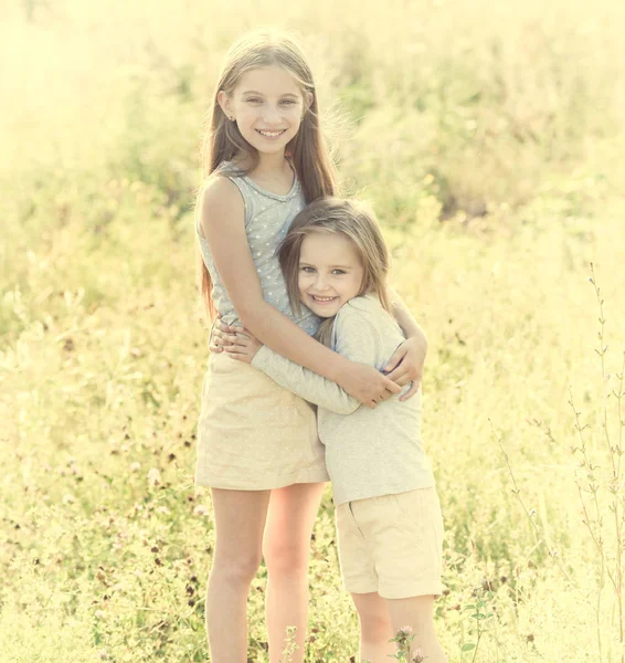Syskon systrar kramas varje i fältet — Stockfoto