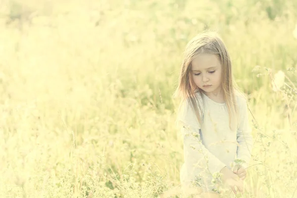 Дитина в полі серед квітів і трав, посміхаючись — стокове фото