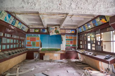 technical room with survived signboards and furniture in Pripyat clipart