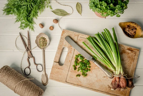 Cipolla verde, aneto sul tagliere, topshot — Foto Stock