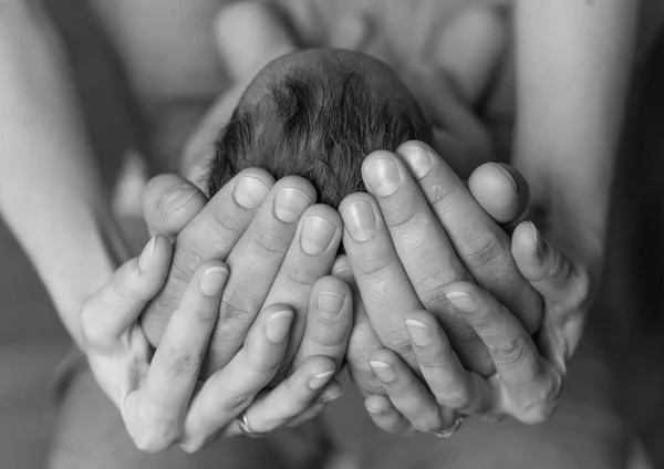 Eltern halten Kopf ihres ersten Kindes, graues Foto — Stockfoto