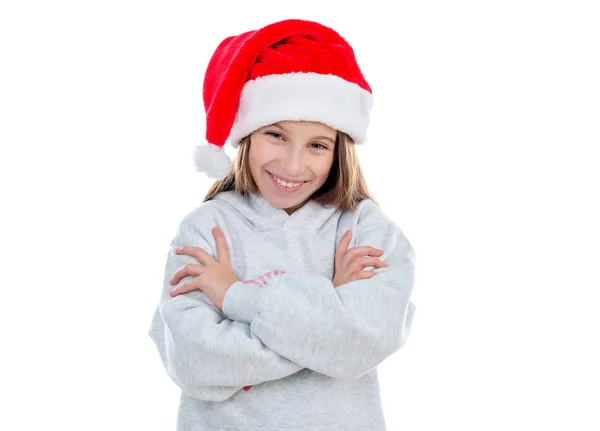 Sorridente adolescente in cappello di Babbo Natale — Foto Stock