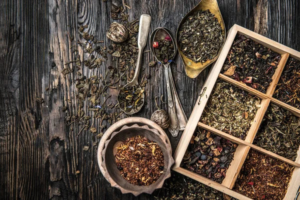 Variety of teas, mixes in copper dish, topview — Stock Photo, Image