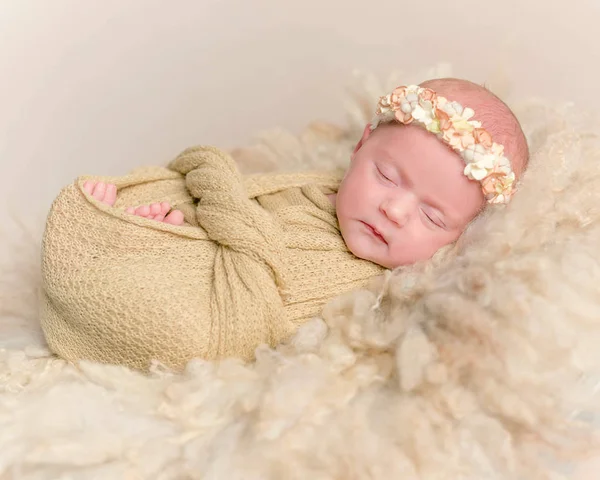 Niña recién nacida durmiendo, envuelta con una manta — Foto de Stock