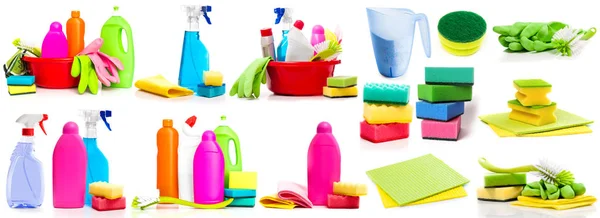 Collage of photos detergent and cleaning supplies isolated — Stock Photo, Image