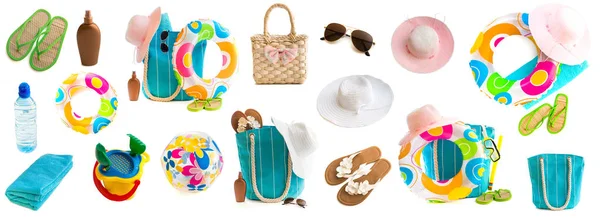 Collage fotografico di accessori da spiaggia e giocattoli — Foto Stock