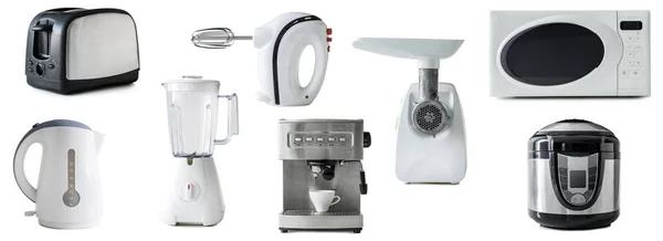Kolaż różnych rodzajów urządzeń kuchennych na białym tle — Zdjęcie stockowe