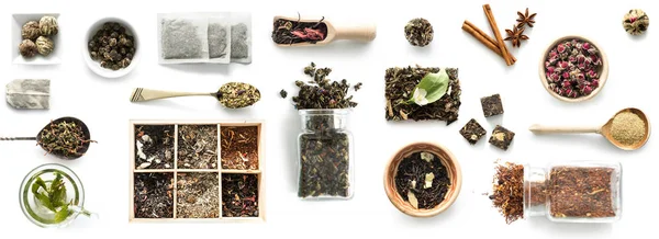 Varios tipos de té, cucharas y vajilla rústica, té verde elaborado, canela —  Fotos de Stock