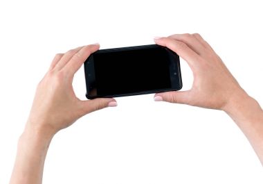 Beyaz arka plan üzerinde izole elinde Smartphone