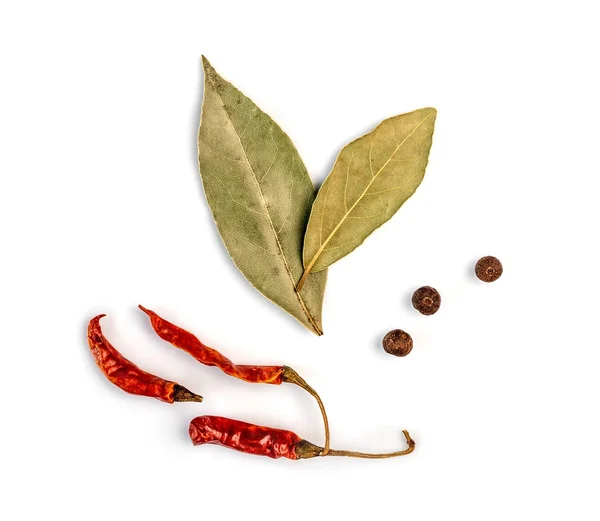 Bay leaves and chili peppers on a white background — Stock Image Bay leaves and chili peppers on a white background Royalty Free Stock Images