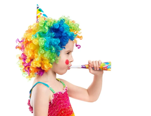 Profile view of little girl in clown wig — Stock Photo, Image