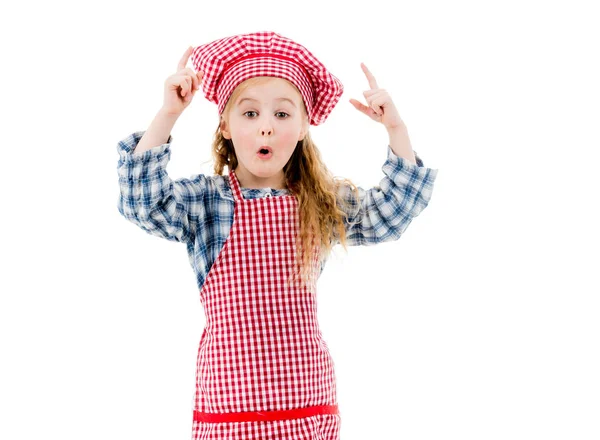 Piccolo chef ragazza emozioni isolato su sfondo bianco — Foto Stock