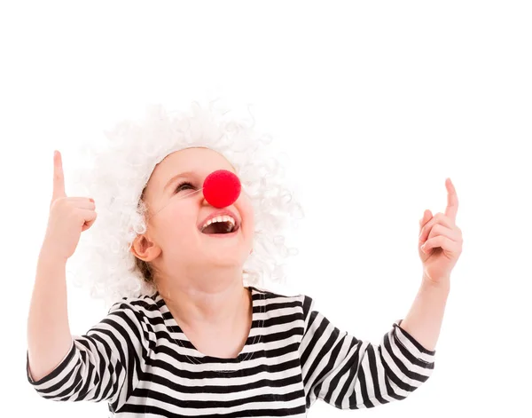 Smiling girl in white wig and pointing up — Stock Photo, Image