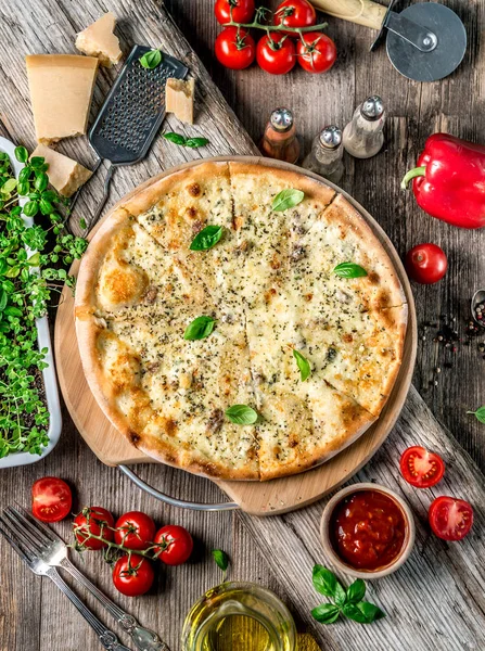 Pizza four cheeses on the table — Stock Photo, Image