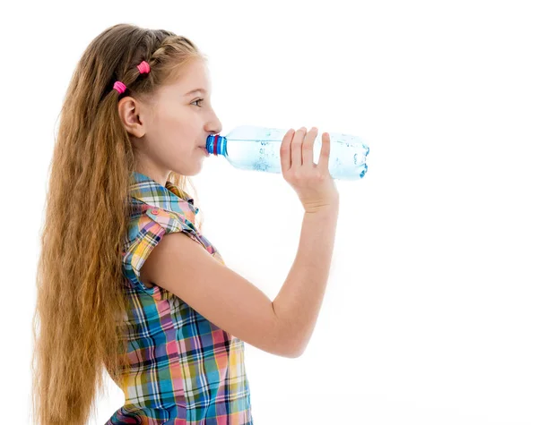 Girl drinking mineral water from bottle — Stock Photo, Image