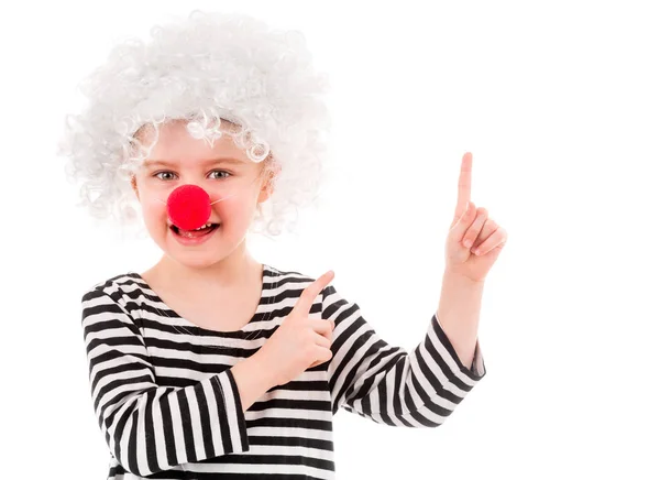 Smiling girl in white wig and pointing up — Stock Photo, Image