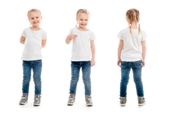 Menina em t-shirt de pé isolado no fundo branco — Fotografia de Stock