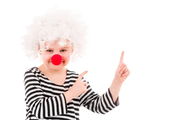 Smiling girl in white wig and pointing up — Stock Photo, Image