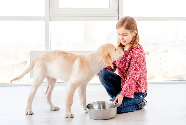 Κορίτσι που δίνει φαγητό στο σκύλο — Φωτογραφία Αρχείου