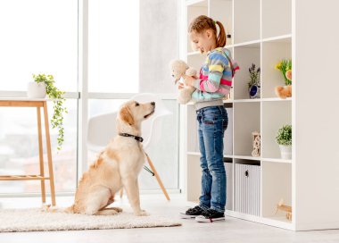 Girl showing teddy bear to dog