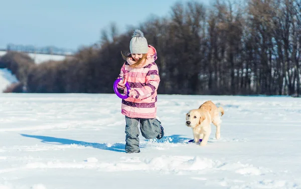 A lány kint játszik a kutyával — Stock Fotó
