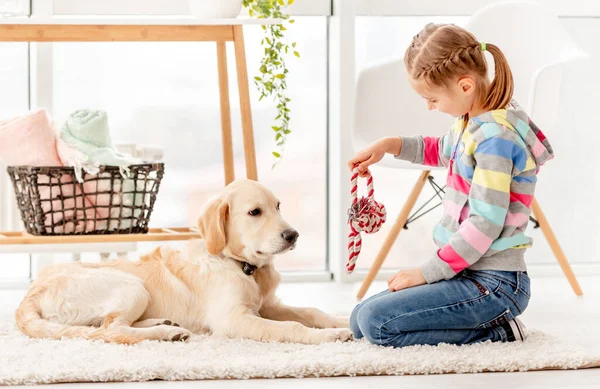 Menina cão de treinamento em casa — Fotografia de Stock