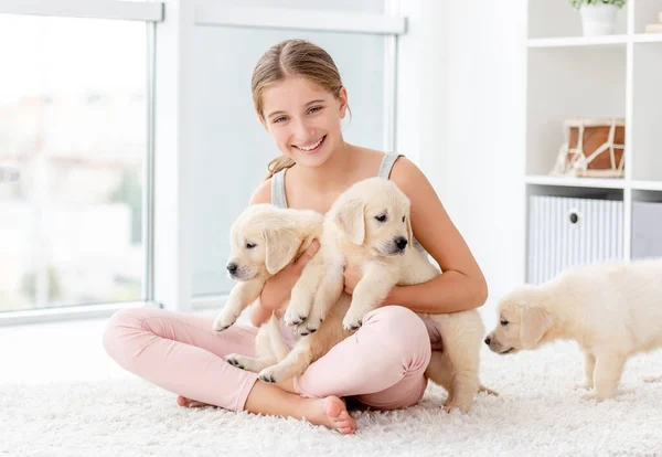 Meisje knuffelen groep van retriever puppies — Stockfoto