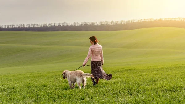 Mujer paseando perro en el campo — Foto de Stock
