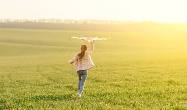 Słodkie dziewczyna leci jasny latawiec — Zdjęcie stockowe