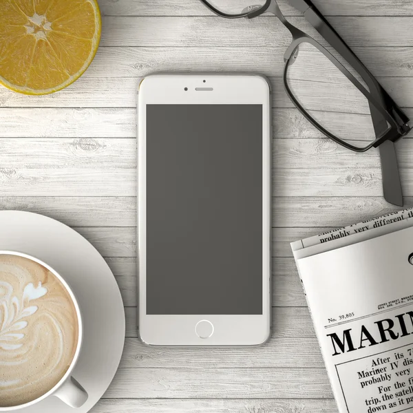 Телефон на столі, кава і газетна 3d ілюстрація Стокове Фото