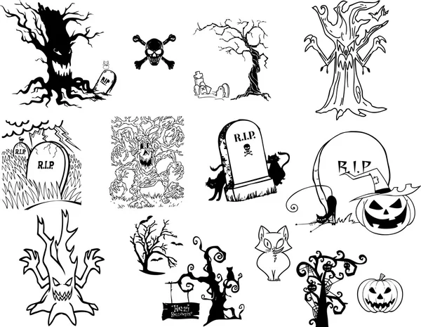 Icônes d'Halloween - citrouille, arbres effrayants, fantôme, cimetière, chats noirs, croix — Image vectorielle