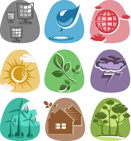 Set di icone e loghi di fonti alternative e pulite di energia sole, vento e acqua, illustazione vettoriale — Vettoriale Stock