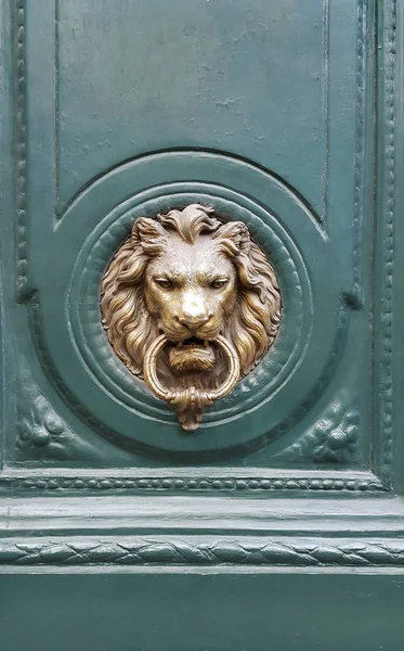 Doorknocker with head of lion on a green wooden door — Stock Photo, Image