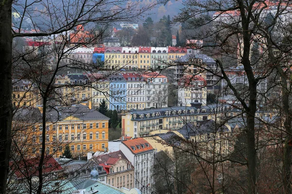 Cityscape of Karlovy Vary from the hill in the late autumn — Stock Photo, Image
