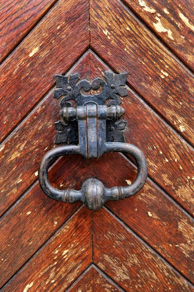 Vintage knocker close-up on wooden door background — Stock Photo, Image