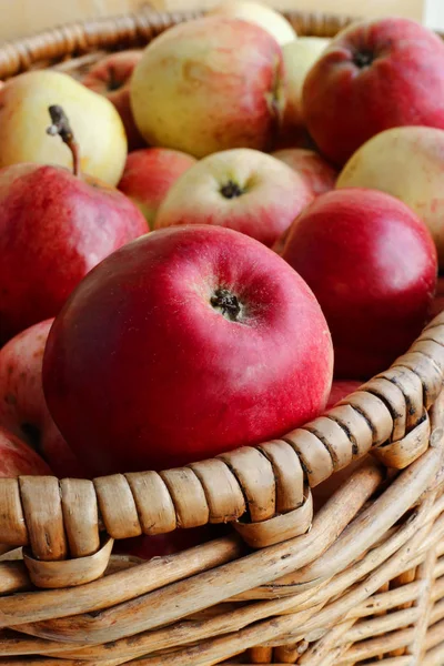 Close-up van heldere rijpe appels in een mandje — Stockfoto