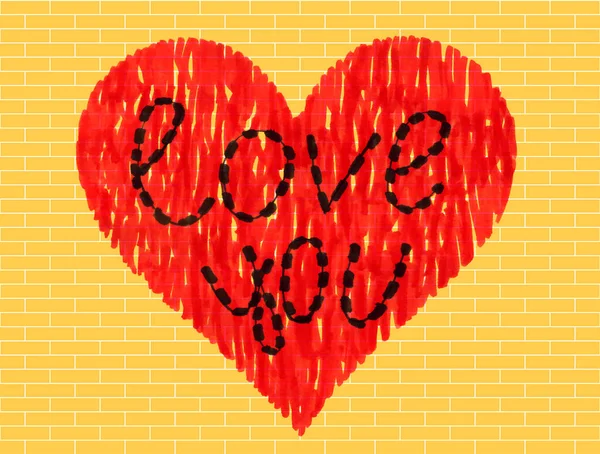 Abstract heart on yellow brick wall background — Stock Photo, Image