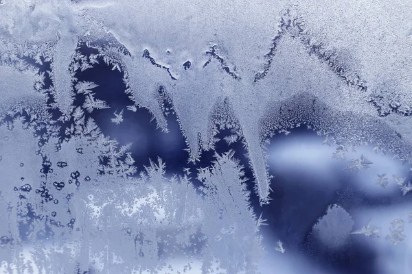 Vidrio Ventana Invierno Con Hermoso Patrón Hielo Textura Natural Primer —  Fotos de Stock