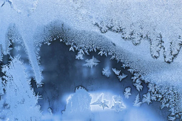 Verre Fenêtre Hiver Avec Beaux Motifs Glace Texture Naturelle Gros — Photo