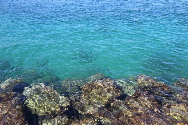 Água Mar Azul Turquesa Brilhante Pedras Perto Costa Belo Fundo — Fotografia de Stock