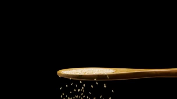 Деревянная ложка с сырым белым рисом — стоковое видео